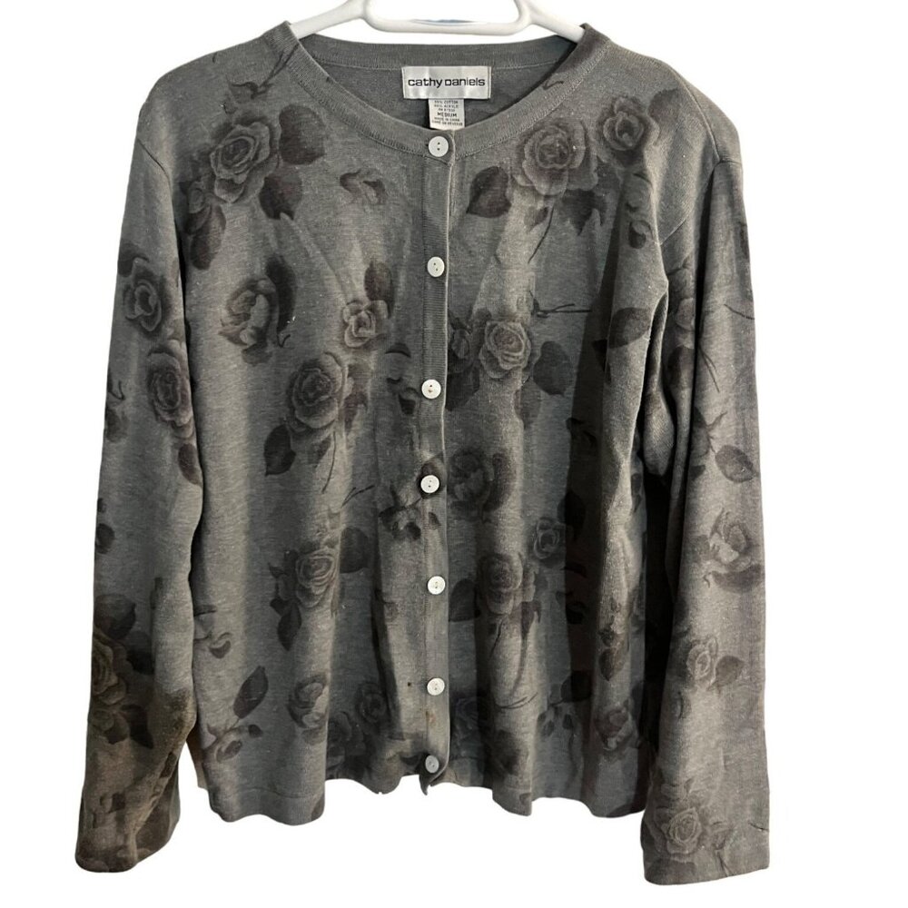 Cathy Daniels Womens Medium Gray Rose Print Button Up Cardigan